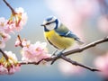 Beautiful little blue tit bird singing a song on a fluffy willow Royalty Free Stock Photo