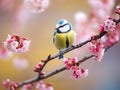 Beautiful little blue tit bird singing a song on a fluffy willow