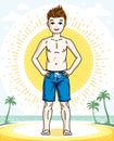 Beautiful little boy cute child standing wearing fashionable beach shorts. Vector character.