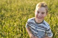 Beautiful little boy in daisy field on sunset, summertime Royalty Free Stock Photo