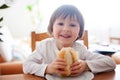 Beautiful little boy, eating sandwich at home, vegetables on the