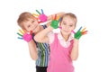 Beautiful little boy and girl with hands in the paint Royalty Free Stock Photo