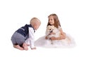 Brother and sister having fun with a puppy isolated on a white background. Kids playing with a dog. Home pet concept.