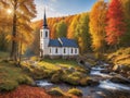 Beautiful little chuch in the edge of the forest surrounded by colorful autumn leaves Royalty Free Stock Photo