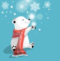 Beautiful Little cute polar bear with red scarf on blue bacjground with snowflake