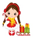 Beautiful Cute Little Girl Pulling Sleigh with Christmas Gift Boxes. Vector Christmas Girl with Candy Stick