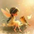 Beautiful little fairy with a bird. Cartoon illustration for children\'s book Royalty Free Stock Photo