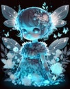 Beautiful little fairy with blue wings and flowers on black background Royalty Free Stock Photo