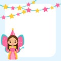 Beautiful little fairy character magic wand. Blue frame design template for photos, children diplomas, kids certificate, invitatio Royalty Free Stock Photo