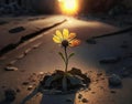 A beautiful little flower grows out of asphalt. Devastation after the war, life and death. Against the background of a Royalty Free Stock Photo