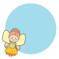 Beautiful little flying fairy character. Blue round frame design template for photos, children diplomas, kids certificate, invitat