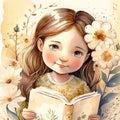 Beautiful little girl with a book in her hands. Watercolor illustration. Generative AI Royalty Free Stock Photo