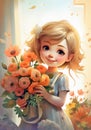 Beautiful little girl with a bouquet of flowers. Vertical cartoon illustration. Generative AI