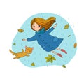 Beautiful little girl and a cute cartoon cat flying with autumn leaves. Royalty Free Stock Photo