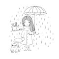 Beautiful little girl and a cute cartoon pug under an umbrella. Royalty Free Stock Photo