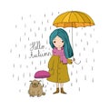 Beautiful little girl and a cute cartoon pug under an umbrella. Royalty Free Stock Photo