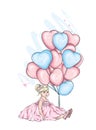 Beautiful little girl in a dress and with heart-shaped balloons. Charming baby. Valentine`s Day, love, cupid. Vector illustration Royalty Free Stock Photo