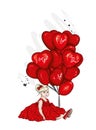 Beautiful little girl in a dress and with heart-shaped balloons. Charming baby. Valentine`s Day, love, cupid. Vector illustration Royalty Free Stock Photo