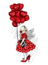 Beautiful little girl in a dress and with heart-shaped balloons. Charming baby. Valentine`s Day, love, cupid. Vector illustration. Royalty Free Stock Photo
