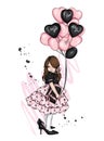 Beautiful little girl in a dress and with heart-shaped balloons. Charming baby. Valentine`s Day, love, cupid. Vector illustration. Royalty Free Stock Photo