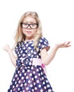 Beautiful little girl in glasses confused isolated Royalty Free Stock Photo