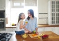 Beautiful little girl with her mother in the kitchen preparing a fresh fruit salad Royalty Free Stock Photo