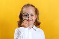 Beautiful little girl looking through a magnifying glass. The concept of education, school, research, search Royalty Free Stock Photo