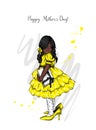 Beautiful little girl in a magnificent dress and high-heeled mother`s shoes. Valentine`s Day, March 8, Mother`s Day. Vector.