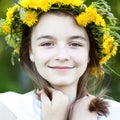 Beautiful little girl, outdoor, color bouquet flowers, bright sunny summer day park meadow smiling happy enjoying life Royalty Free Stock Photo