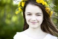 Beautiful little girl, outdoor, color bouquet flowers, bright sunny summer day park meadow smiling happy enjoying life Royalty Free Stock Photo