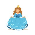 Beautiful little girl princess in a blue ball dress and golden crown, fairytale costume for party or holiday vector Royalty Free Stock Photo