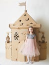 Beautiful little girl in princess dress playing with her toy castle. Royalty Free Stock Photo