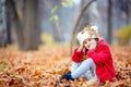 Beautiful little girl in red coat sitting on autumn leaves with falling foliage outdoors in a park Royalty Free Stock Photo