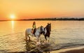 Beautiful little girl riding horse in sunset by the sea on the Royalty Free Stock Photo