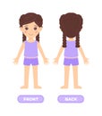 Beautiful little Girl in shorts and a T-shirt is standing. Brunette Baby Front and Back view. ÃÂ¡artoon Child in Pajamas and Royalty Free Stock Photo