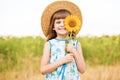 Beautiful little girl in straw hat with fluttering hair hide eye with sunflower flower, walking outdoor in summer Royalty Free Stock Photo