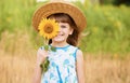 Beautiful little girl in straw hat with fluttering hair hide eye with sunflower flower, walking outdoor in summer Royalty Free Stock Photo