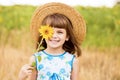 Beautiful little girl in straw hat with fluttering hair hide eye with sunflower flower, walking outdoor in summer Royalty Free Stock Photo