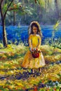 Beautiful little girl in sunny sunlight flowers forest park alley Royalty Free Stock Photo