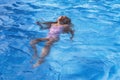 Beautiful little girl swims in the pool , cute little girl in pool in sunny day.