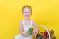 Beautiful little happy girl with basket of vegetables and fruits Royalty Free Stock Photo
