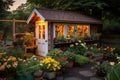 Beautiful little house in the garden at night. Small wooden house with flowers. An atmospheric image of a serene, cozy backyard