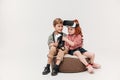 beautiful little kids using virtual reality headsets Royalty Free Stock Photo