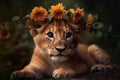 Beautiful little lion cub with flowers. Generative AI Royalty Free Stock Photo