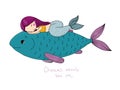 Beautiful little mermaid and big fish. Royalty Free Stock Photo