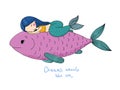 Beautiful little mermaid and big fish. Royalty Free Stock Photo