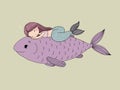 Beautiful little mermaid and big fish. Royalty Free Stock Photo