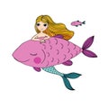 Beautiful little mermaid and big fish. Siren. Sea theme. Royalty Free Stock Photo