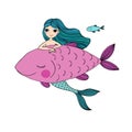 Beautiful little mermaid and big fish. Siren. Sea theme. Royalty Free Stock Photo