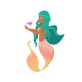 Beautiful little mermaid with green hair and pink yellow tail. Siren. Sea theme. Isolated on white background. Vector Royalty Free Stock Photo